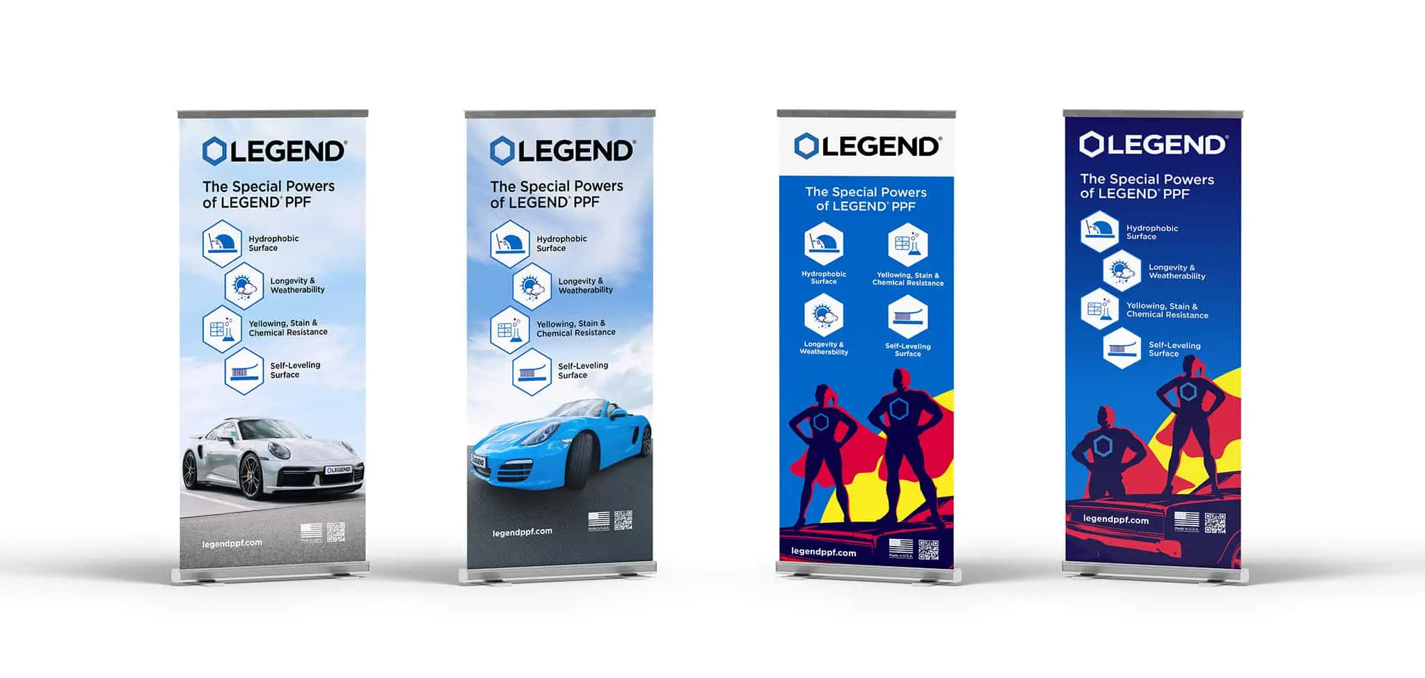 Porsche and Heroes featured in LEGEND Marketing Materials rollup poster, highlighting innovation and excellence